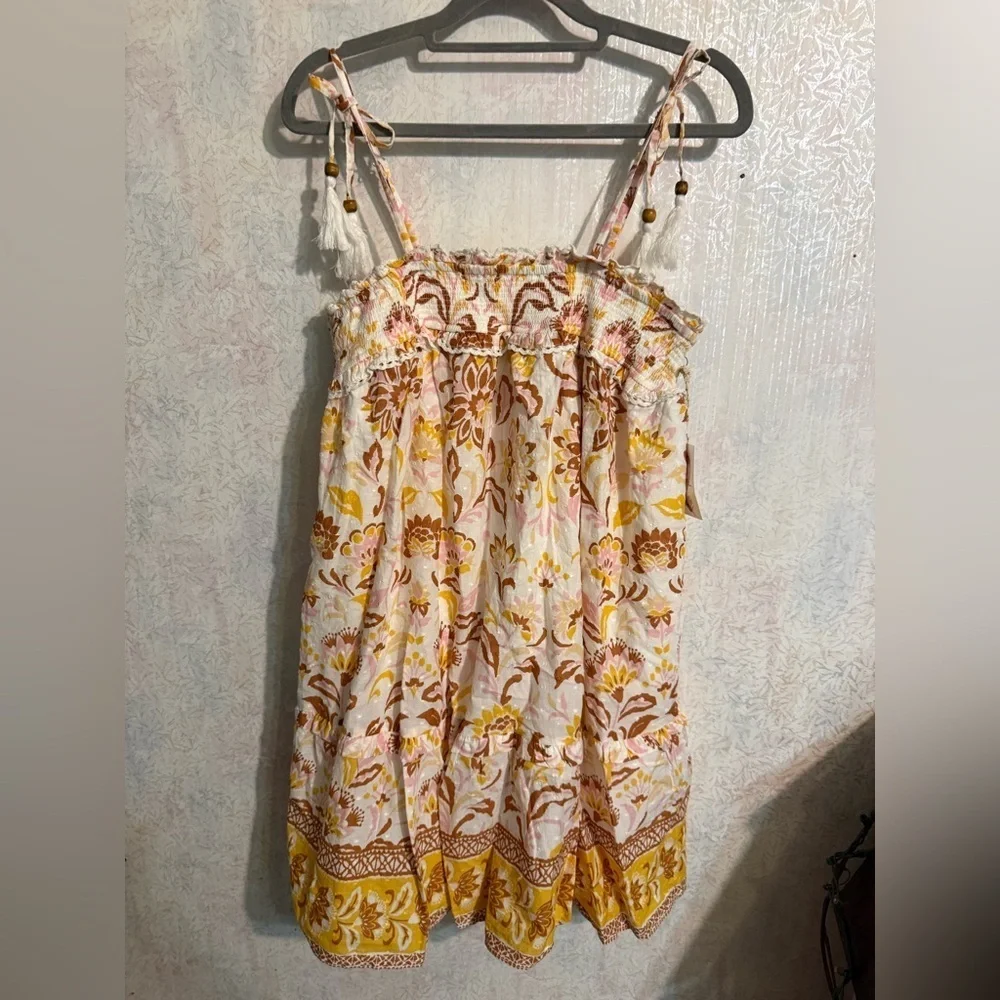 Jessica Simpson Yellow and Brown Floral, Boho, Casual, Smocking Midi Dress, Lg